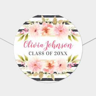 Sticker Rond Rayure Florale Graduation Nom Classe de 2026