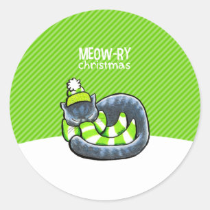 Sticker Rond Rayure grise de vert de Noël d'écharpe de chat