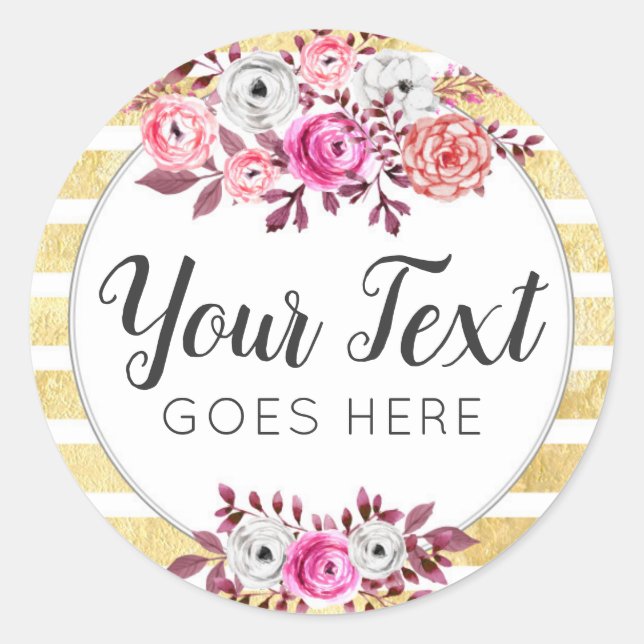 Sticker Rond Rayure moderne rose florale et d'or d'aquarelle (Devant)