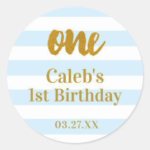Sticker Rond Rayures Bleues & Blanches Or PREMIER 1er Anniversa