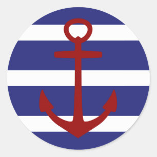 Sticker Rond Rayures bleues et blanches nautiques avec l'Ancre
