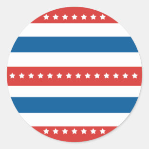 Sticker Rond Rayures Rouges, Bleues et Blanches avec Étoiles Bl