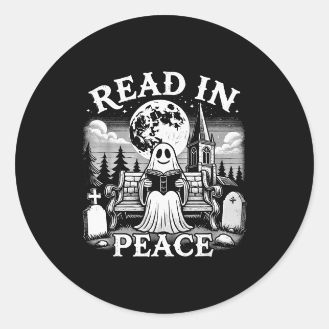 Sticker Rond Read In Peace Ghost Reading Books Funny Halloween  (Devant)