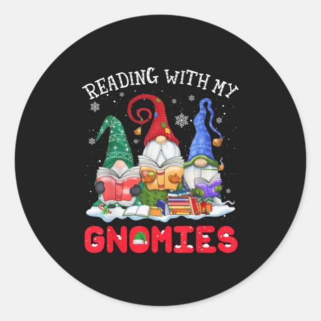 Sticker Rond Reading With My Gnomies Christmas Funny Gnomes Rea (Devant)