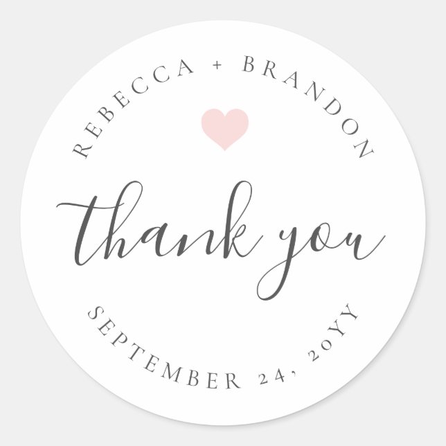 Sticker Rond Rebecca Coeur rose Calligraphie Merci Mariage (Devant)