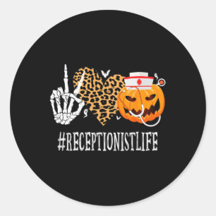 Sticker Rond Réceptionniste Peace Love Citrouille Fun Halloween