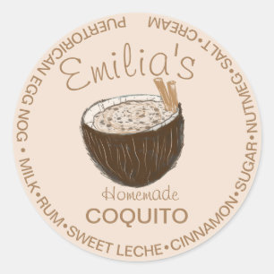 Sticker Rond Recette Coquito Boire Coconut Mains Tirées Ingrédi