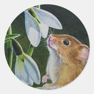 Sticker Rond Récolte Souris Odeur Snowdrops Aquarelle Art