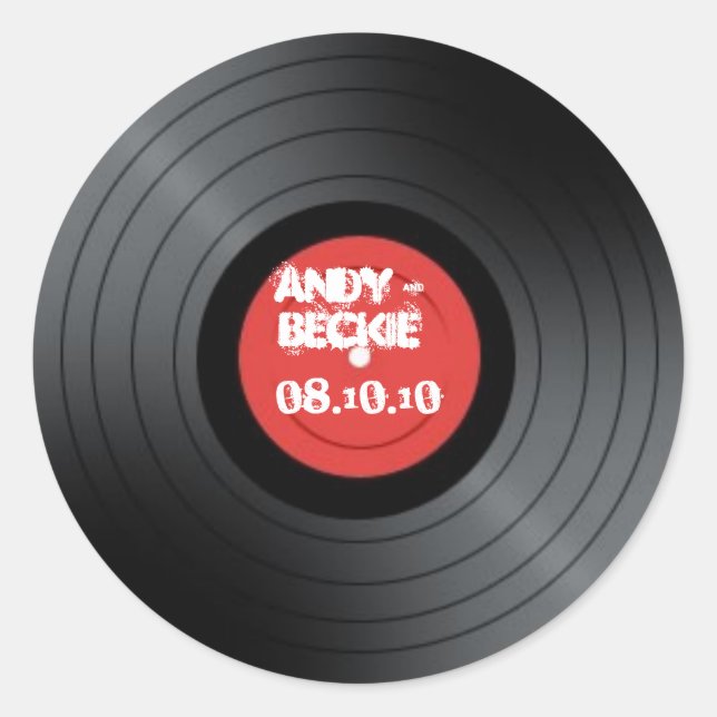 Sticker Rond Record, mariage Rock n Roll. (Devant)