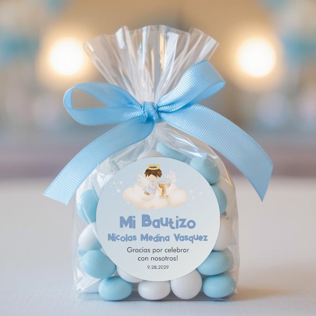 Sticker Rond Recuerdos Bautizo Garçon Angel Baptême Faveurs Cad (Créateur téléchargé)
