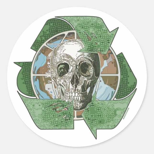 Sticker Rond Recycler ou mourir le crâne (Devant)