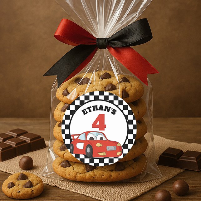 Sticker Rond Red Black White Race Car 4ème anniversaire (Red race car child's birthday party favor bag sticker)