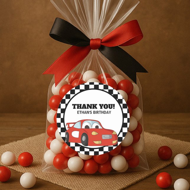 Sticker Rond Red Black White Race Voiture Anniversaire Merci de (Red race car birthday party thank you sticker)