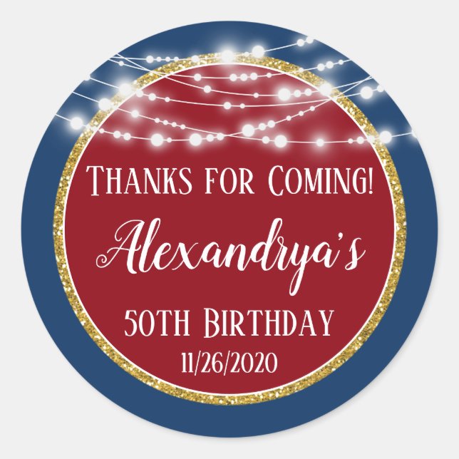 Sticker Rond Red Blue Gold Anniversaire Merci D'Être Venu Favor (Devant)