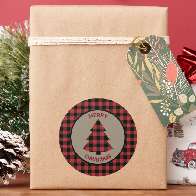 Sticker Rond Red Buffalo Plaid Bordure Arbre de Noël (vacances)