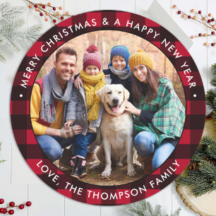 Sticker Rond Red Buffalo Plaid Custom Photo Joyeux Noël