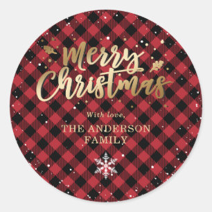 Sticker Rond Red Buffalo Plaid Gold Snow Christmas