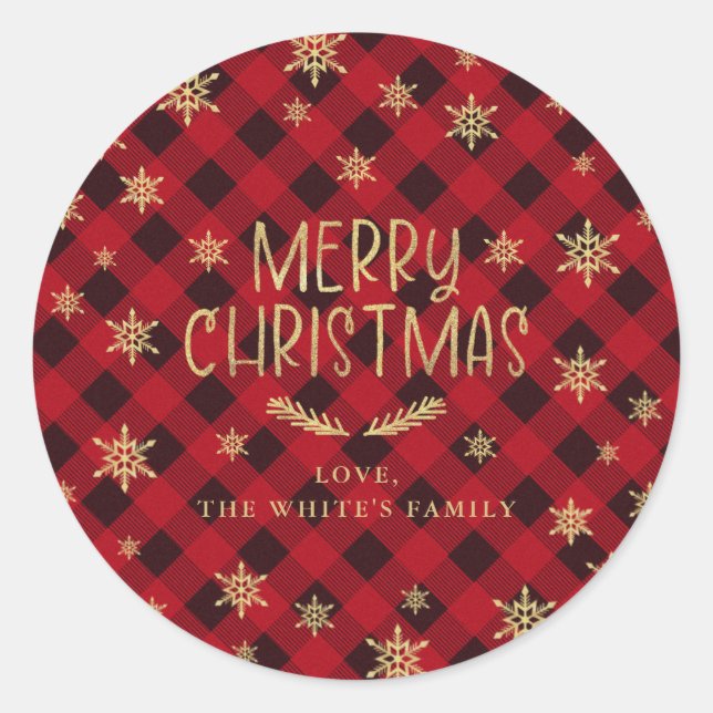 Sticker Rond Red Buffalo Plaid Gold Snowflake Joyeux Noël (Devant)