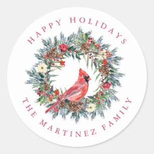 Sticker Rond Red Cardinal Pine Wreath Joyeuses Fêtes