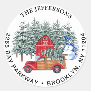 Sticker Rond Red Christmas Truck & Snowman Adresse de retour La