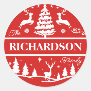 Sticker Rond Red Christmas White Nom de famille personnalisé