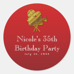 Sticker Rond Red Cinema & Gold Stars Hollywood Party Favoriser