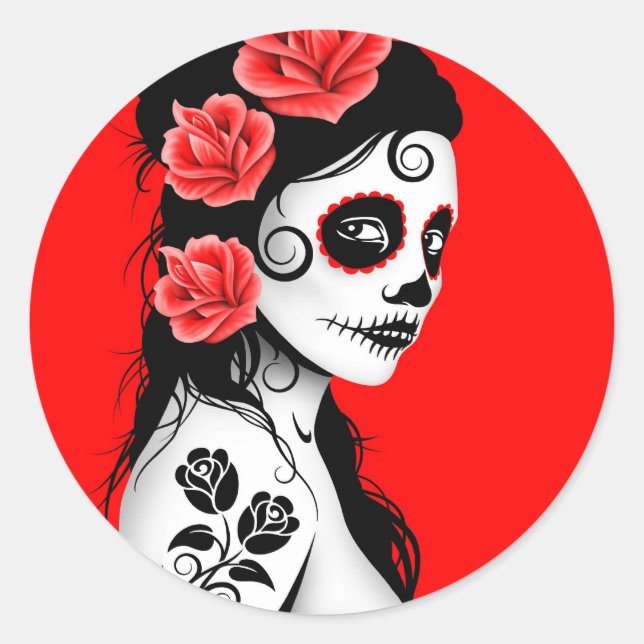 Sticker Rond Red day of the Dead Sugar Skull (Devant)