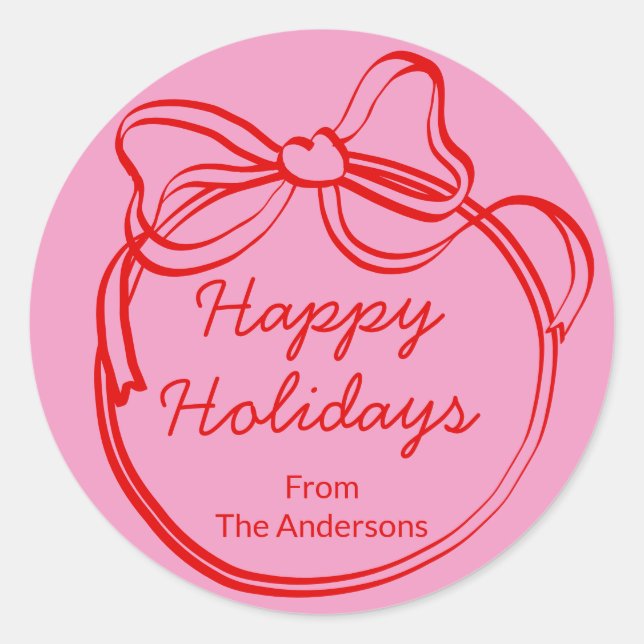 Sticker Rond Red Doodle Bow Frame Custom Holiday (Devant)
