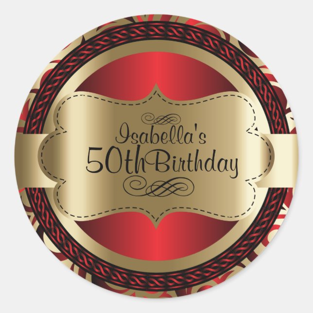 Sticker Rond Red et Gold Swirl Anniversaire Abstrait (Devant)