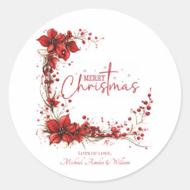 Sticker Rond Red Floral Christmas Wreath – Elegant Holiday