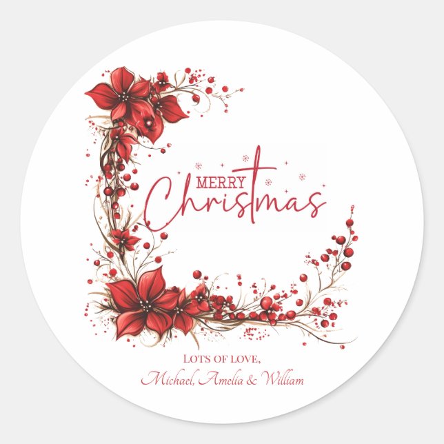 Sticker Rond Red Floral Christmas Wreath – Elegant Holiday (Devant)