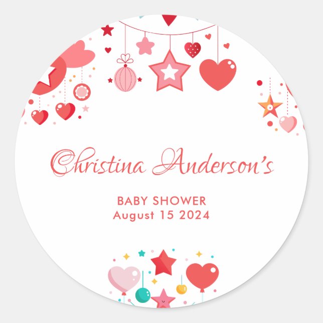 Sticker Rond Red Girl Stars Sprinkle Baby shower (Devant)
