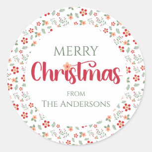 Sticker Rond Red&Green motif floral Joyeux cadeau de Noël