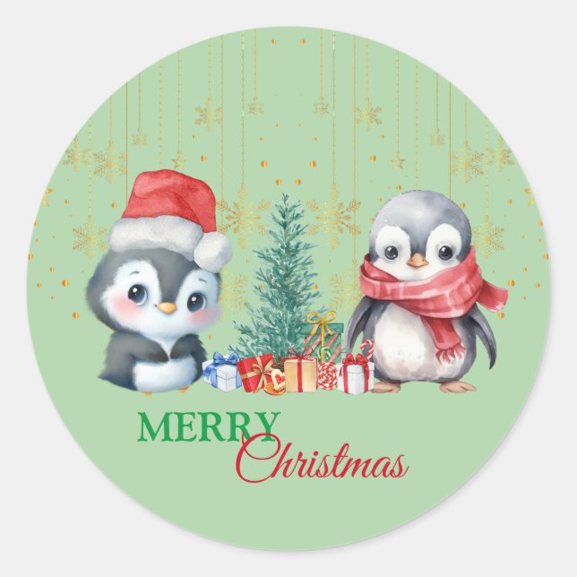 Sticker Rond Red Green Penguin Père Noël Joyeux Noël Party (Devant)