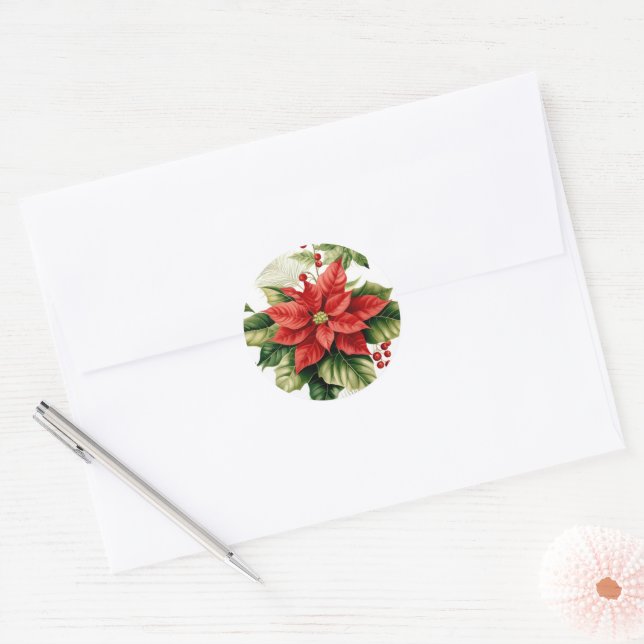 Sticker Rond Red Green Poinsettia Holly Noël (Enveloppe)