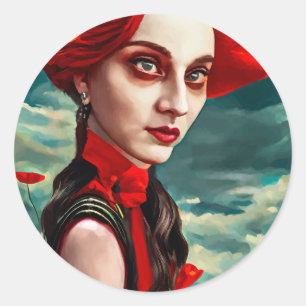 Sticker Rond Red Head Poppy Flower Lady imaginaire art