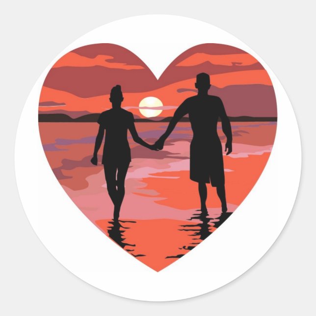 Sticker Rond Red Heart Sunset Beach tenant la main (Devant)