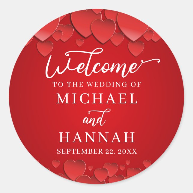 Sticker Rond Red Hearts Moderne Mariage élégant Bienvenue (Devant)