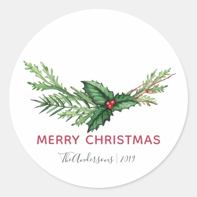 Sticker Rond Red Holly Bouquet Aquarelle Noël (Devant)