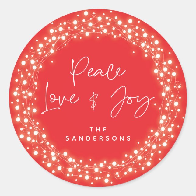 Sticker Rond Red Peace Love+Joie Éclairage Noël (Devant)