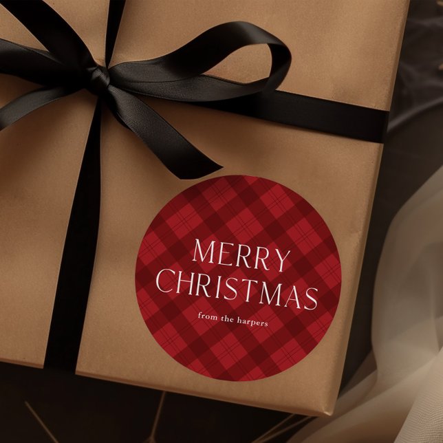 Sticker Rond Red Plaid Merry Christmas  (Modern red plaid rustic Christmas gift tag sticker.)