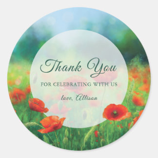 Sticker Rond Red Poppy Floral Birthday Thank You