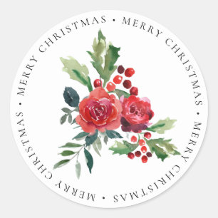 Sticker Rond Red Roses Floral Holly Joyeux Noël