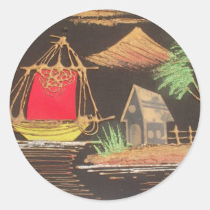 Sticker Rond Red Sailboat Paysage peinture à l'huile Imprimer