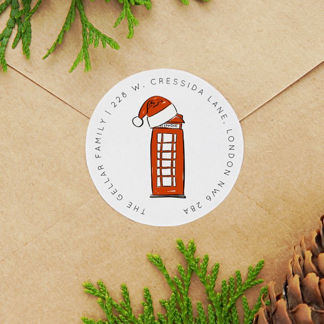 Sticker Rond Red Santa Hat London Téléphone Box Adresse de reto (Red Santa Hat London Telephone Box Return Address Classic Round Sticker)