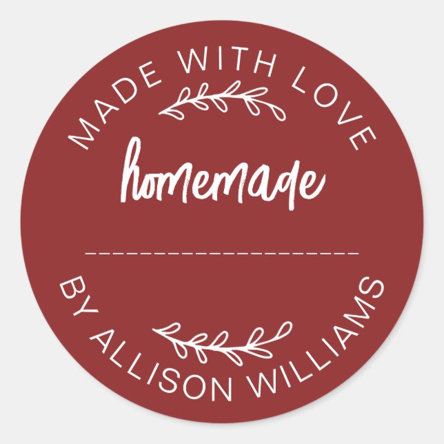 Sticker Rond Red Script Made With Love Homemade Food Jar (Devant)