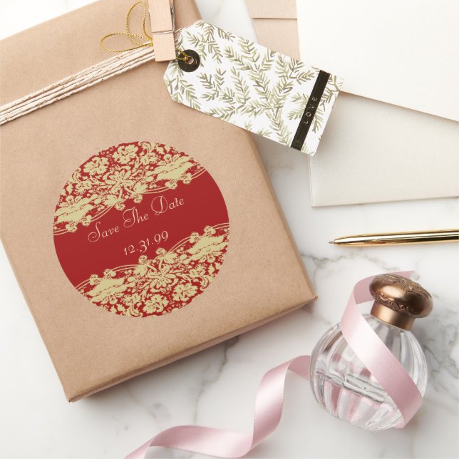Sticker Rond Red & Tan Ecru Enregistrer La Date (Cadeaux)