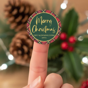Sticker Rond Red Tartan Plaid Gold Script Joyeux Noël