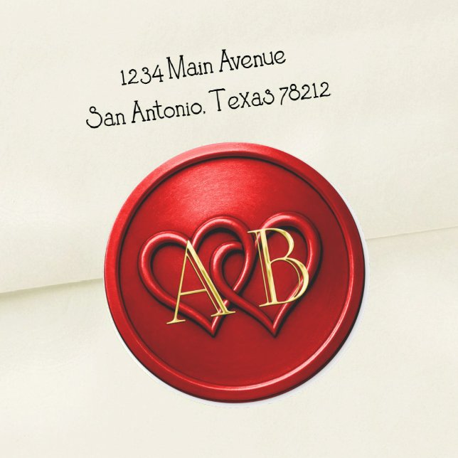 Sticker Rond Red Two Hearts Intertwined Monogram Wedding (Créateur téléchargé)