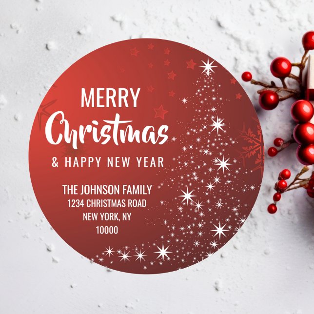 Sticker Rond RED White MERRY CHRISTMAS Tree Adresse de retour (RED White MERRY CHRISTMAS Tree Return Address Classic Round Sticker)